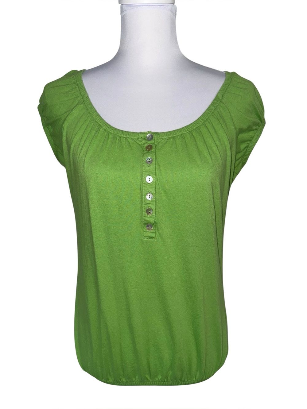 VTG Charlotte Russe Green Peasant Top Blouse Cap Sleeve Button Cotton Medium Y2K